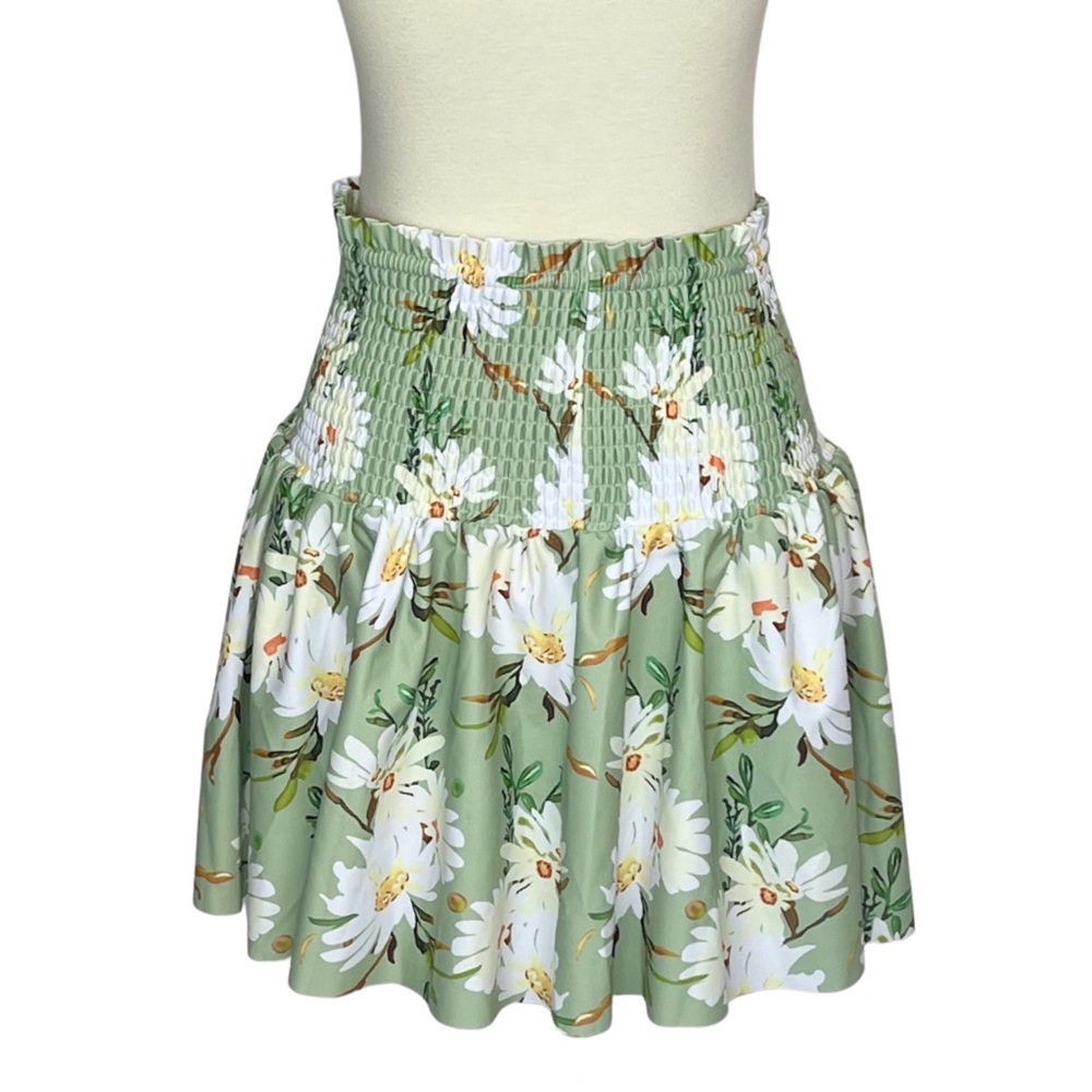 Retro Pale Green Floral Shirred High Waist Drawstring Beach Skirt - Picture 12 of 16